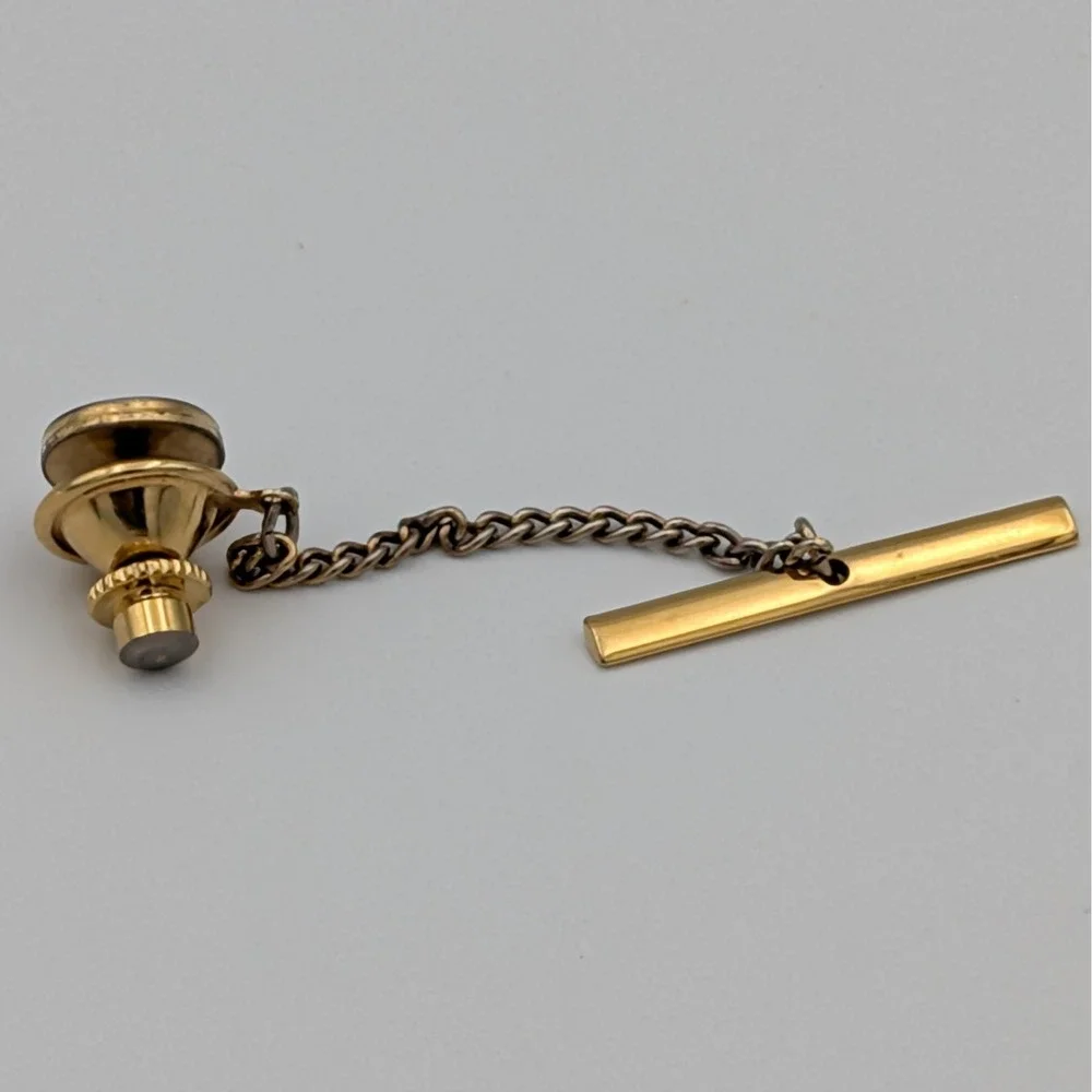 VTG Gold Tone Tie Tack Oval Brushed Etched Sunburst Design Safety Chain T-Bar